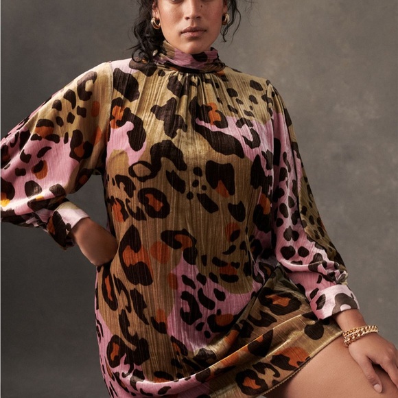 Anthropologie Pink and Brown Leopard Velvet Dress - Picture 7 of 8